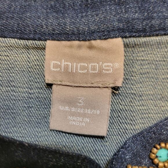 Chico's Denim Jacket with Turquoise and Bronze Color Beading Western Boho - Picture 10 of 12